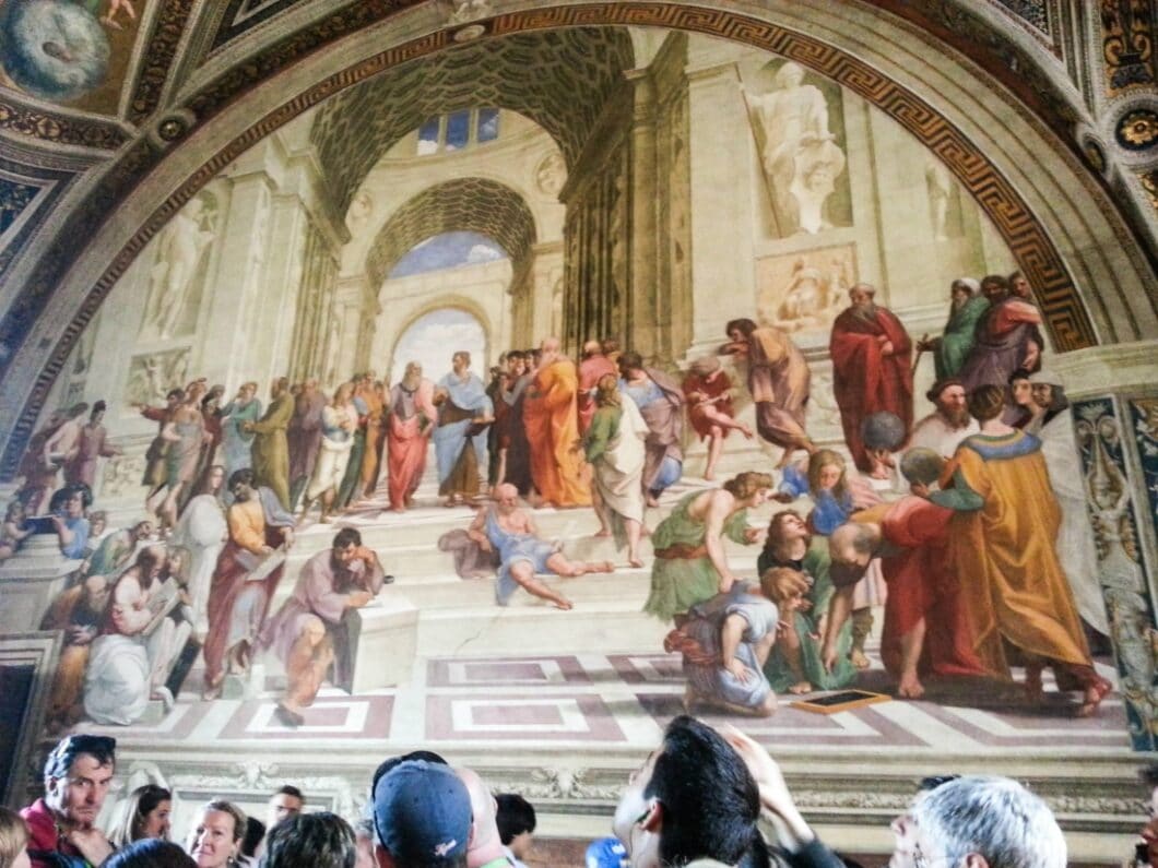 The School of Athens is the most famous fresco of the Italian Renaissance by Raphael. It represents philosophy ,and you can see Plato, Aristotle, Socrates, etc.
