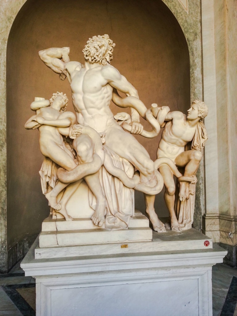 "Laocoön and his sons." Laocoon had tried to warn the Trojans about the Trojan horse. The goddess Athena became angry with him for this and sent two serpents to kill him and his sons.