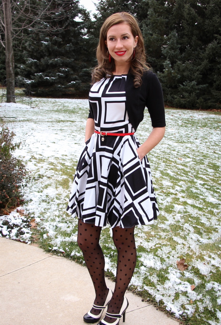 Lindsey wearing A-Line ModCloth Dress with polka dot tights and black and white heels