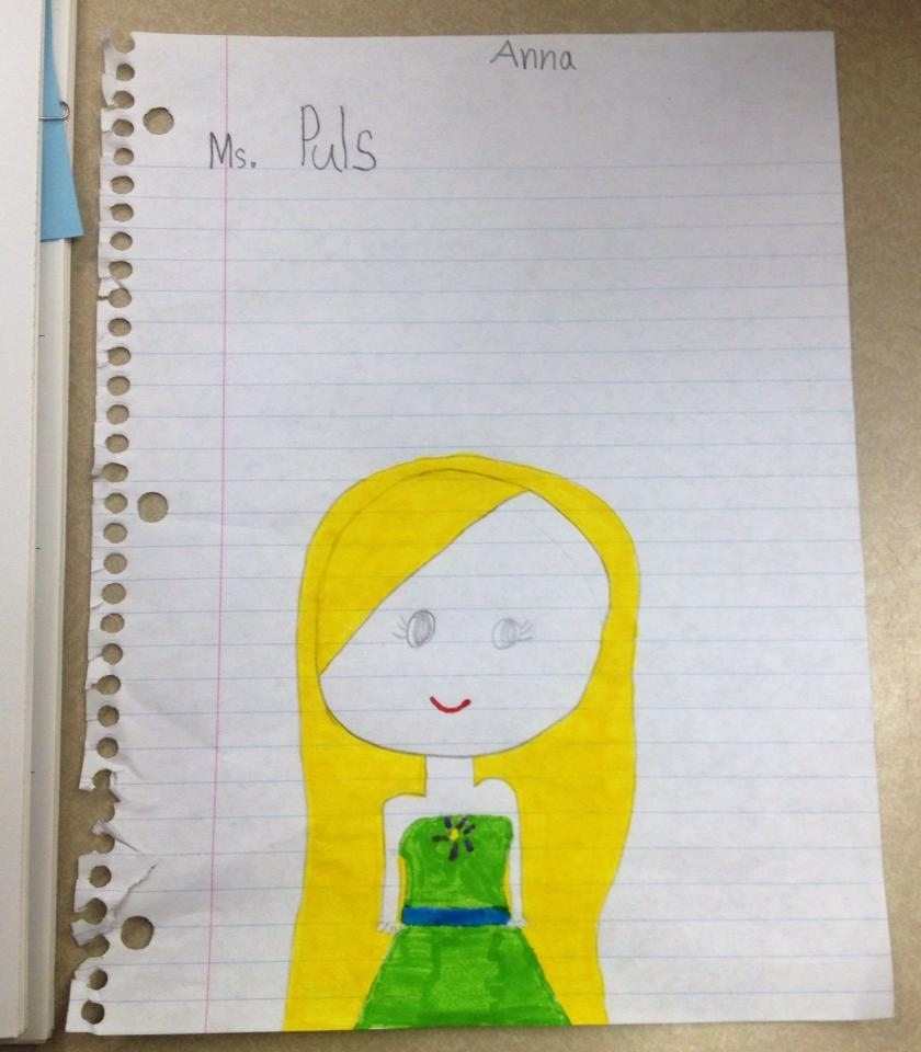 One of my 2nd graders drew this picture of me, and designed me a green dress. 