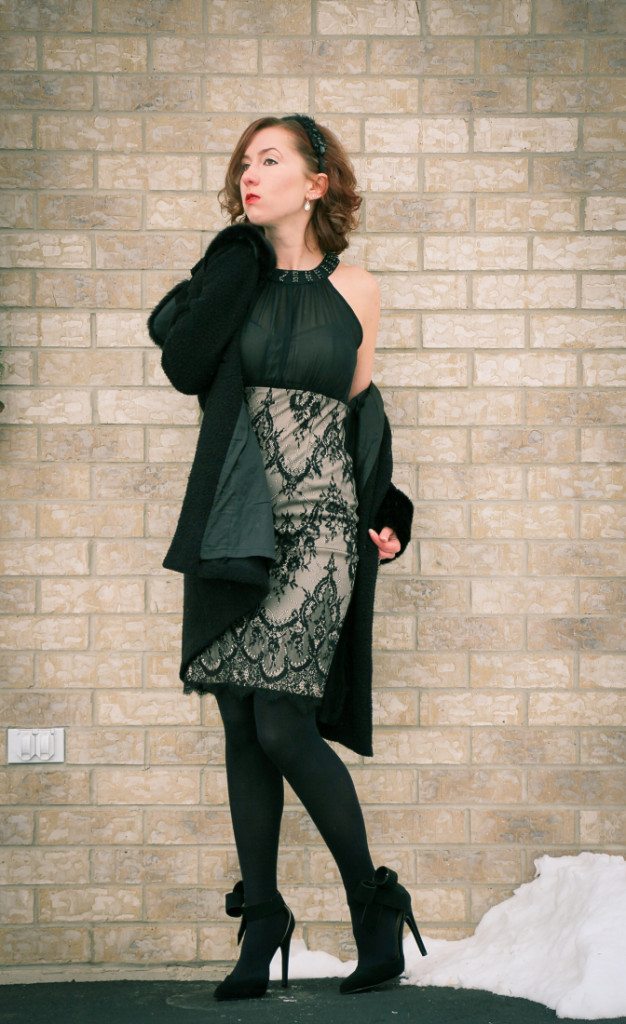 Lilee Fashion dress with black tights and black bow heels