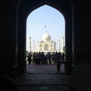 Our first glimpse of the Taj Mahal