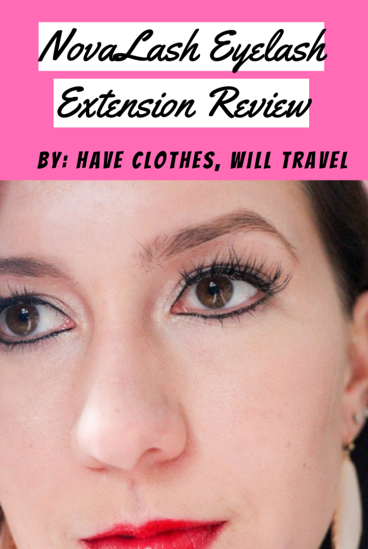A closeup image of a woman's eyes after eyelash extensions. Text across the top of the image says, "NovaLash Eyelash Extensions Review By Have Clothes, Will Travel"