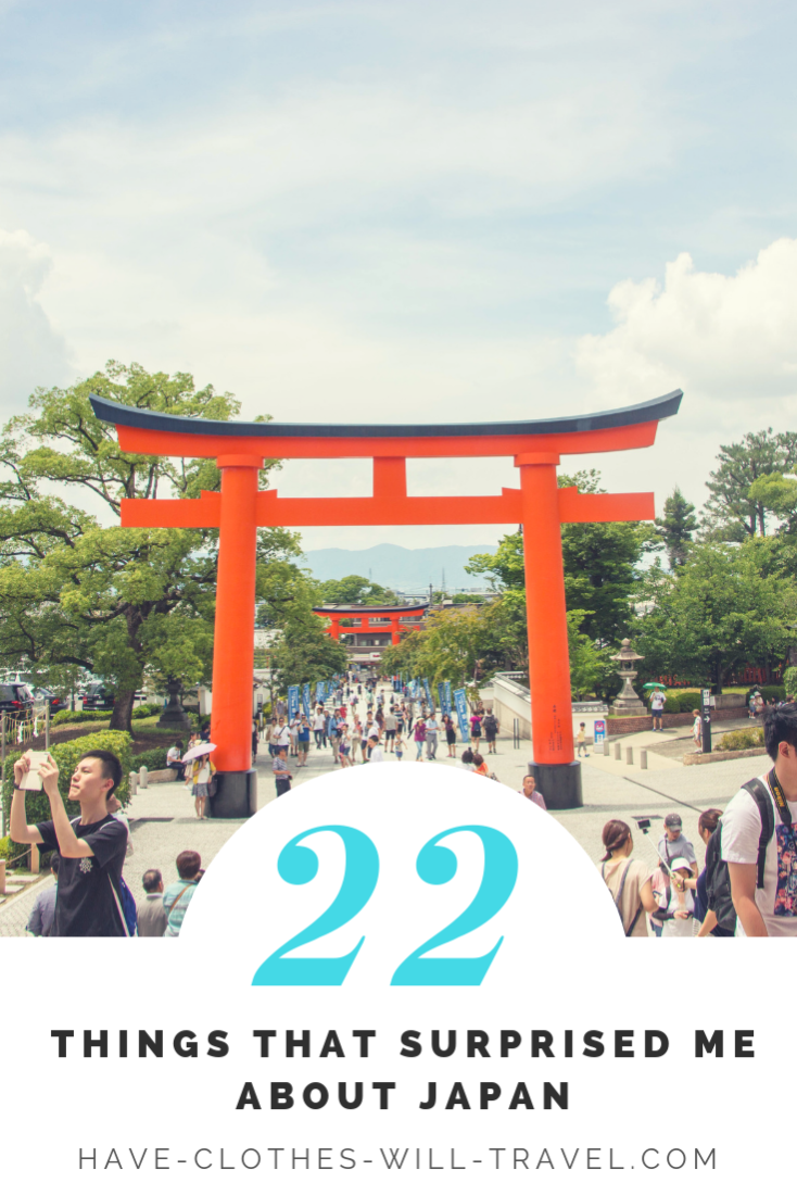 A public square in Tokyo, Japan filled with people. There's a large red and black shrine in the forefront of the image, along with trees and mountains in the background. Text across the bottom of the image says "22 things that surprised me about Japan"