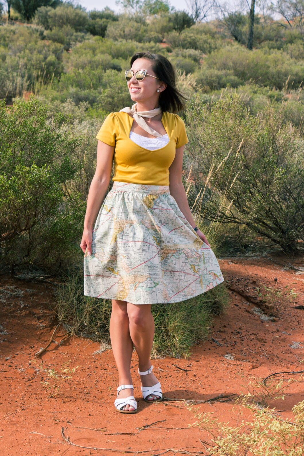 Lindsey in the Australian outback wearing a map skirt modcloth