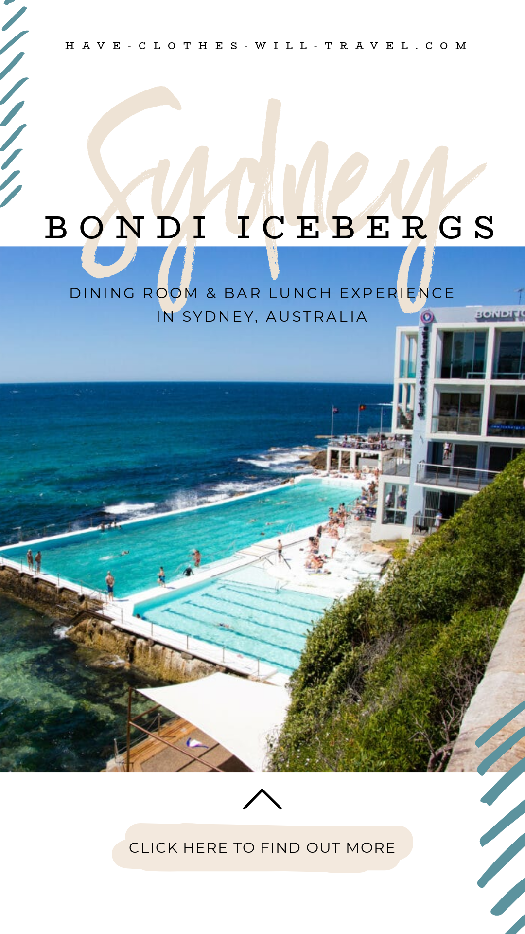 A view of the famous Bondi Icebergs dining room & bar's pool and view overlooking the Pacific Ocean. Text across the image says, "Sydney Bondi Icebergs Dining Room & Bar lunch experience in Sydney, Australia"