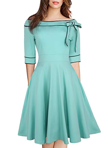 Women's Casual Off Shoulder Pocket Bowknot Rockabilly Swing Vintage Cocktail Party Dress 188