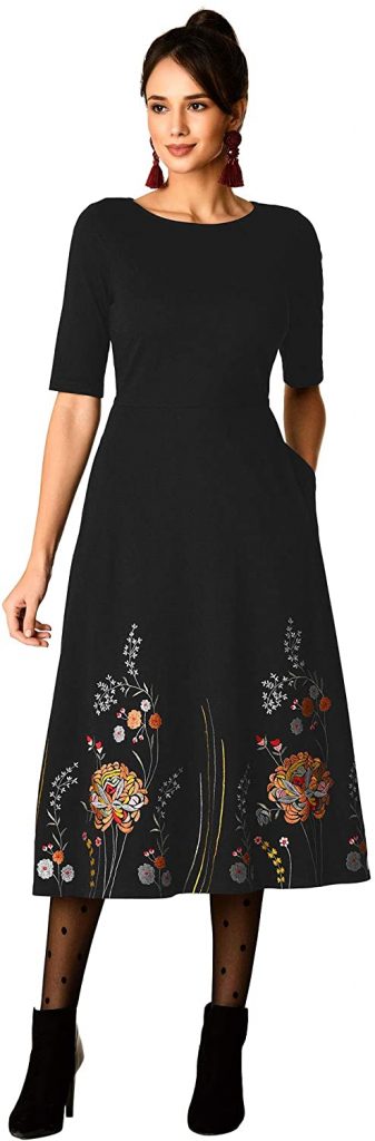 eShakti FX Floral Embroidered Cotton Knit Dress- Customizable Neckline, Sleeve & Length
