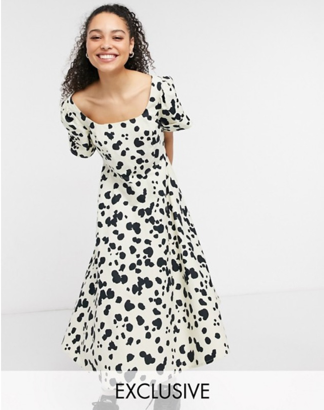 COLLUSION pointed waist puff sleeve animal print midi dress in beige and black