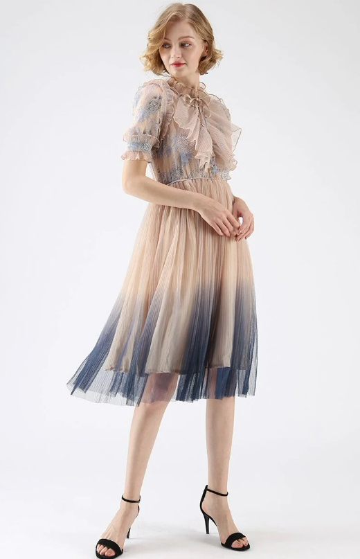 WE KNOW IT ALL GRADIENT PLEATED MESH TULLE DRESS