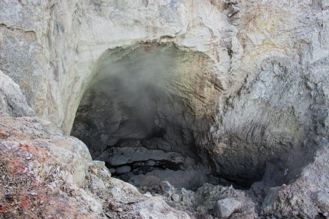 Steam coming out of a crater.