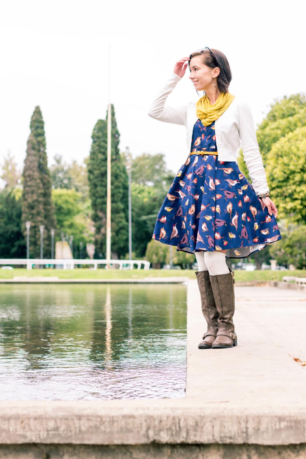 Navy Blue Bird Print Spaghetti Strap Midi Dress