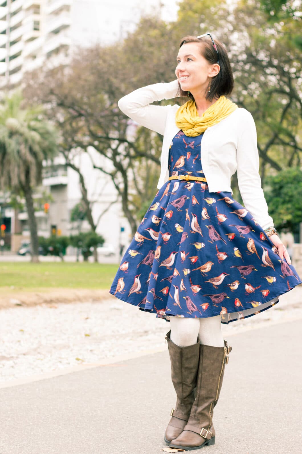 Navy Blue Bird Print Spaghetti Strap Midi Dress