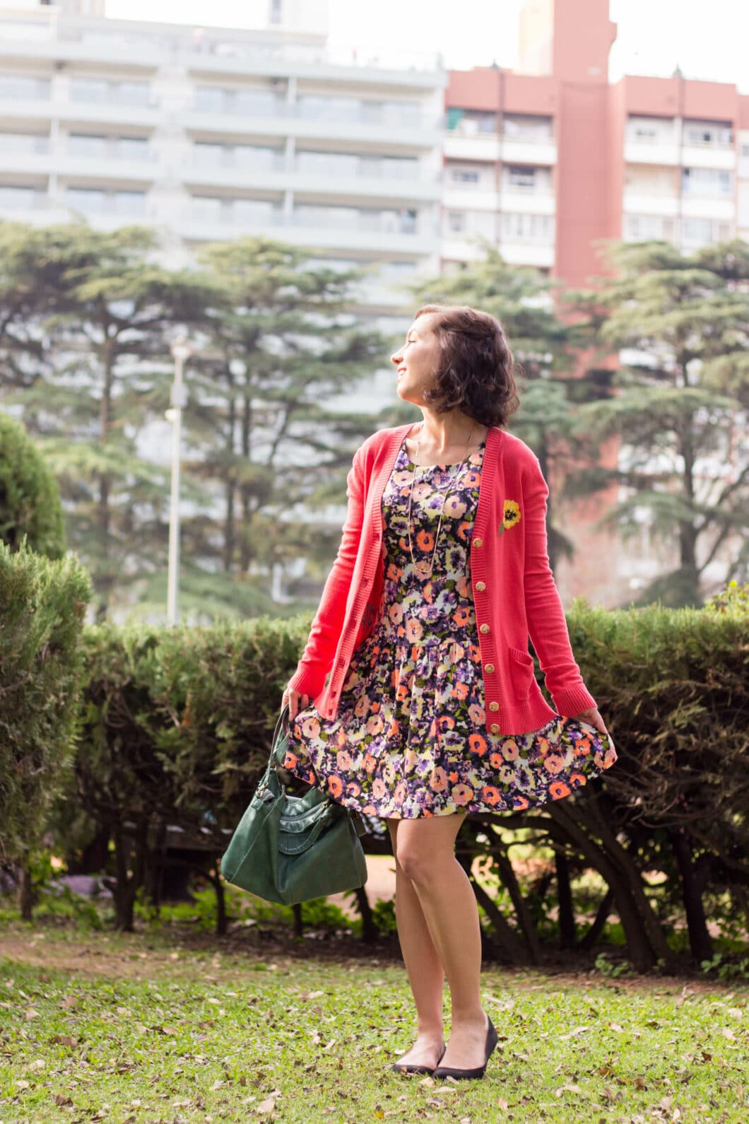 Floral dress & pink cardigan