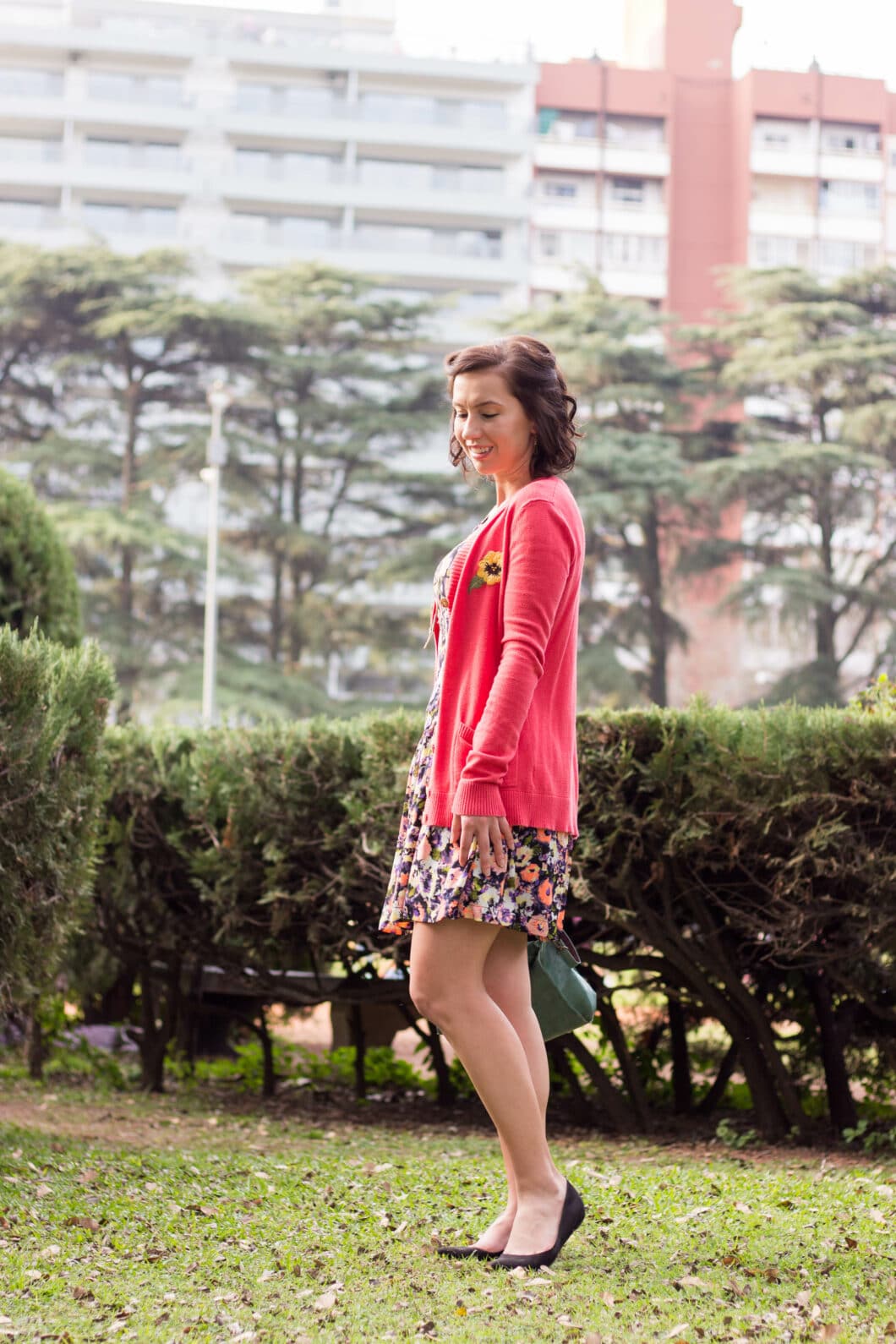 Floral dress & pink cardigan