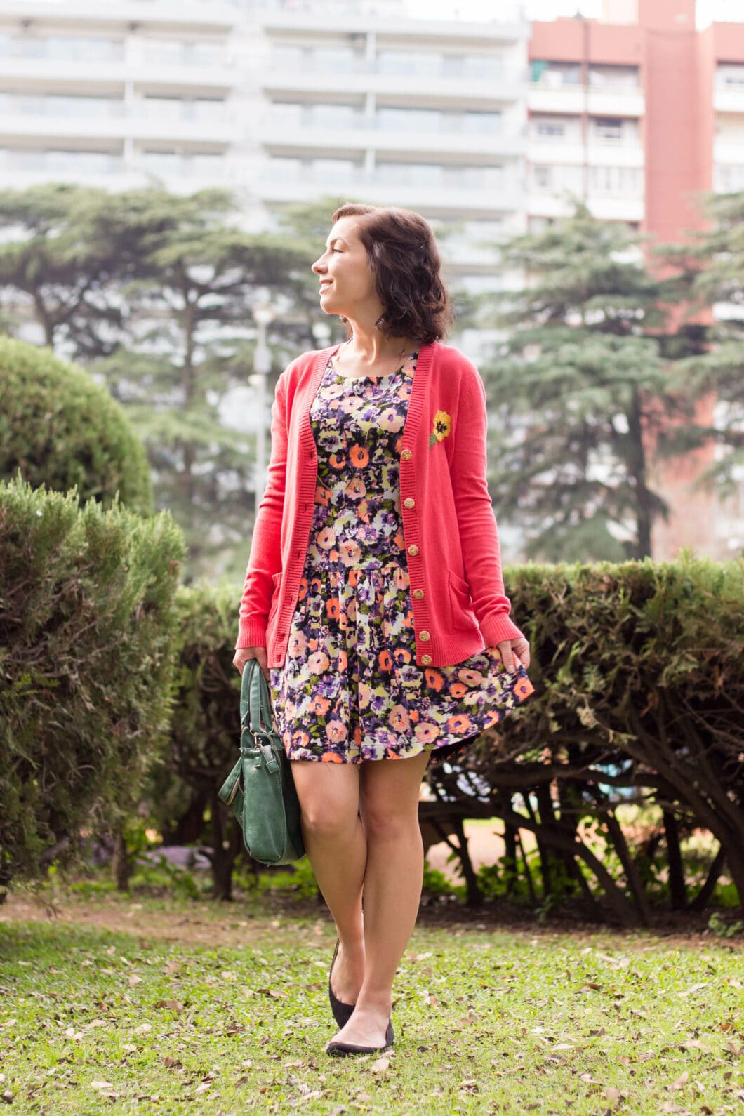 Floral dress & pink cardigan