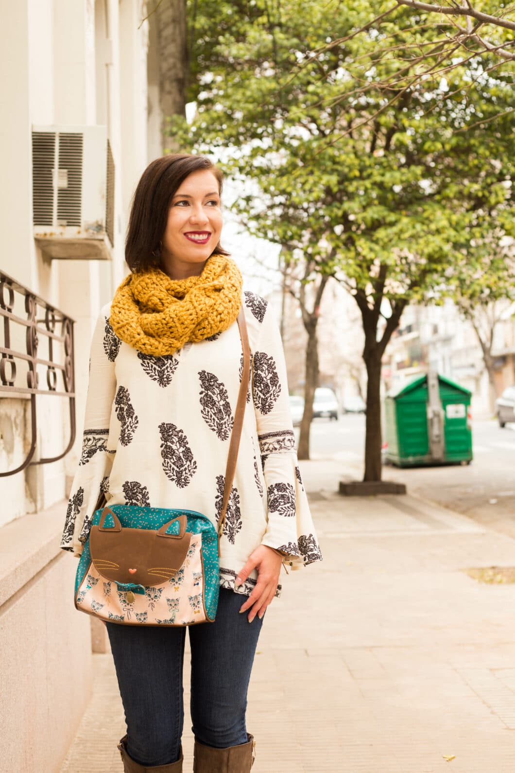 Shein top and ModCloth cat bag