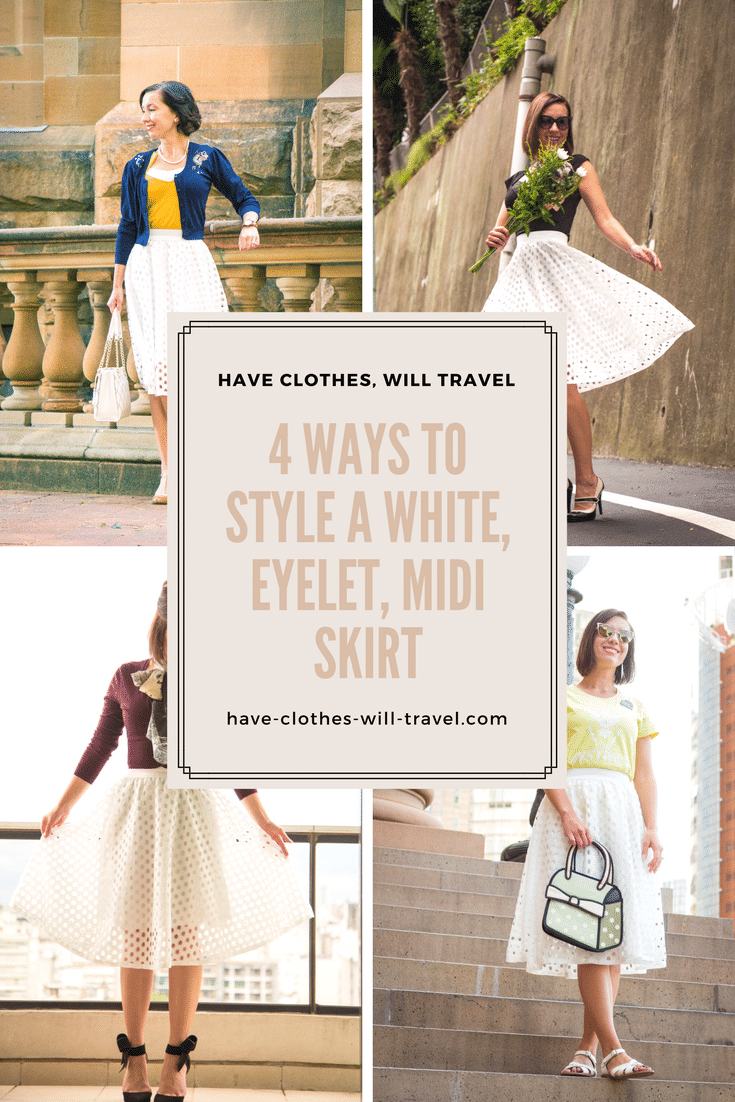 An image collage shows four different outfits with the same white skirt. Text across the center of the image reads "4 ways to style a white eyelet midi skirt"