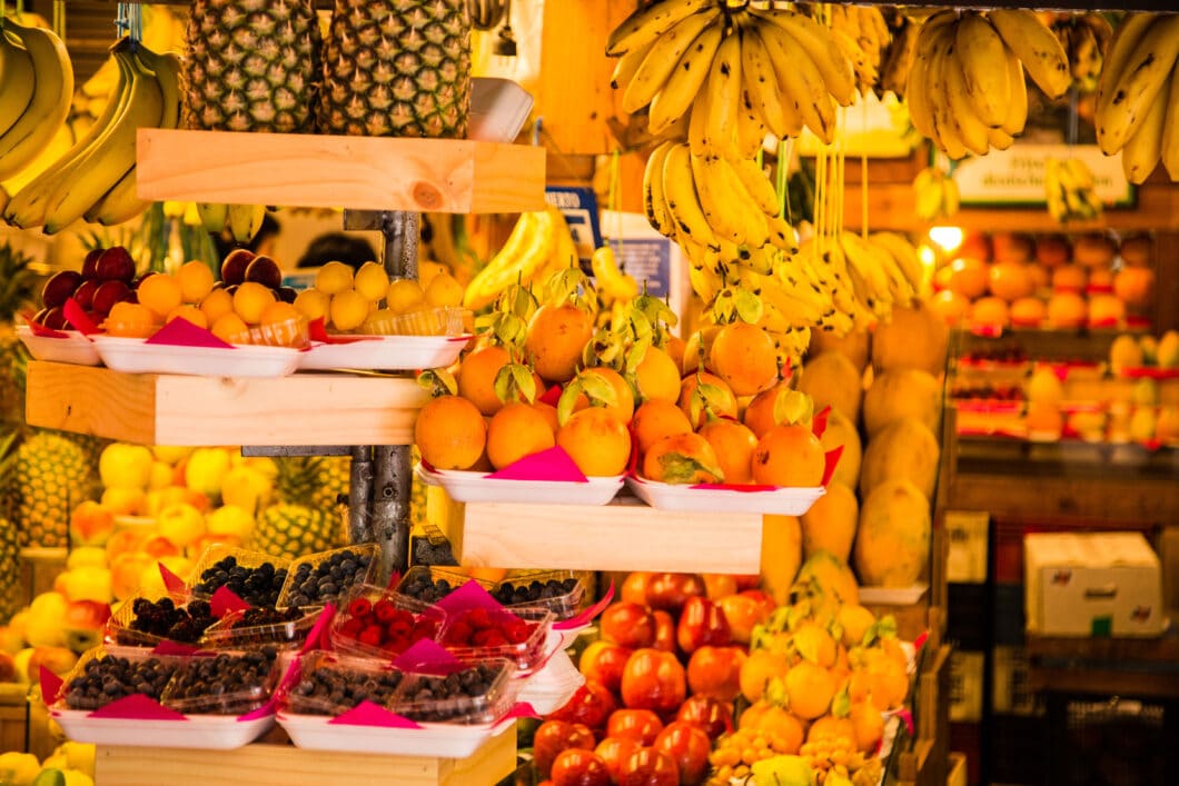 A variety of fruit is on display in a market in Lima, Peru.