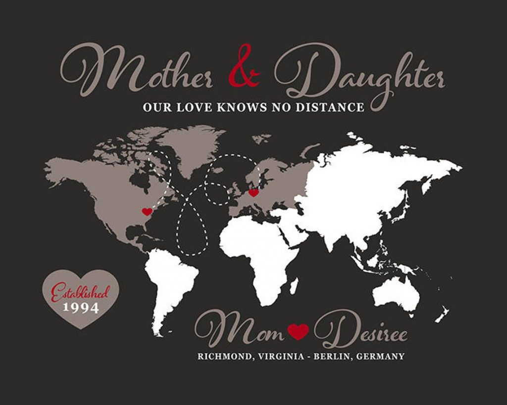 Mother, Daughter World Map, Personalized Long Distance Gift Mom andChild, Overseas, Study Abroad, Going Away, Neutral, Christmas | WF129