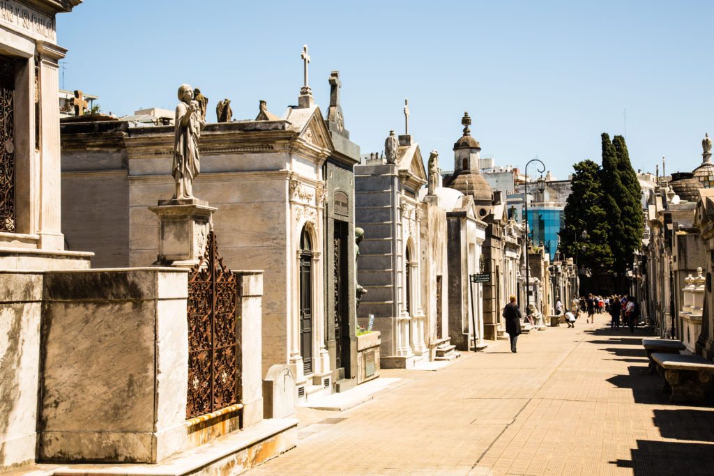 A street view of the La Recoleta Cemetery in Buenos Aires, Argentina.