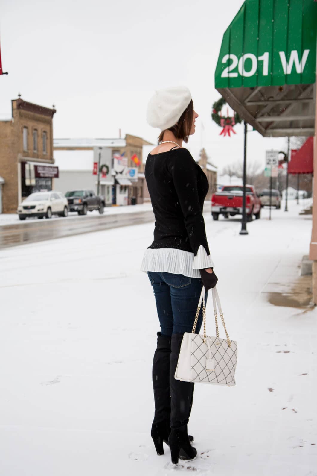 Unique Vintage Beret - DSW OTK Boots - Layered B&W Sweater