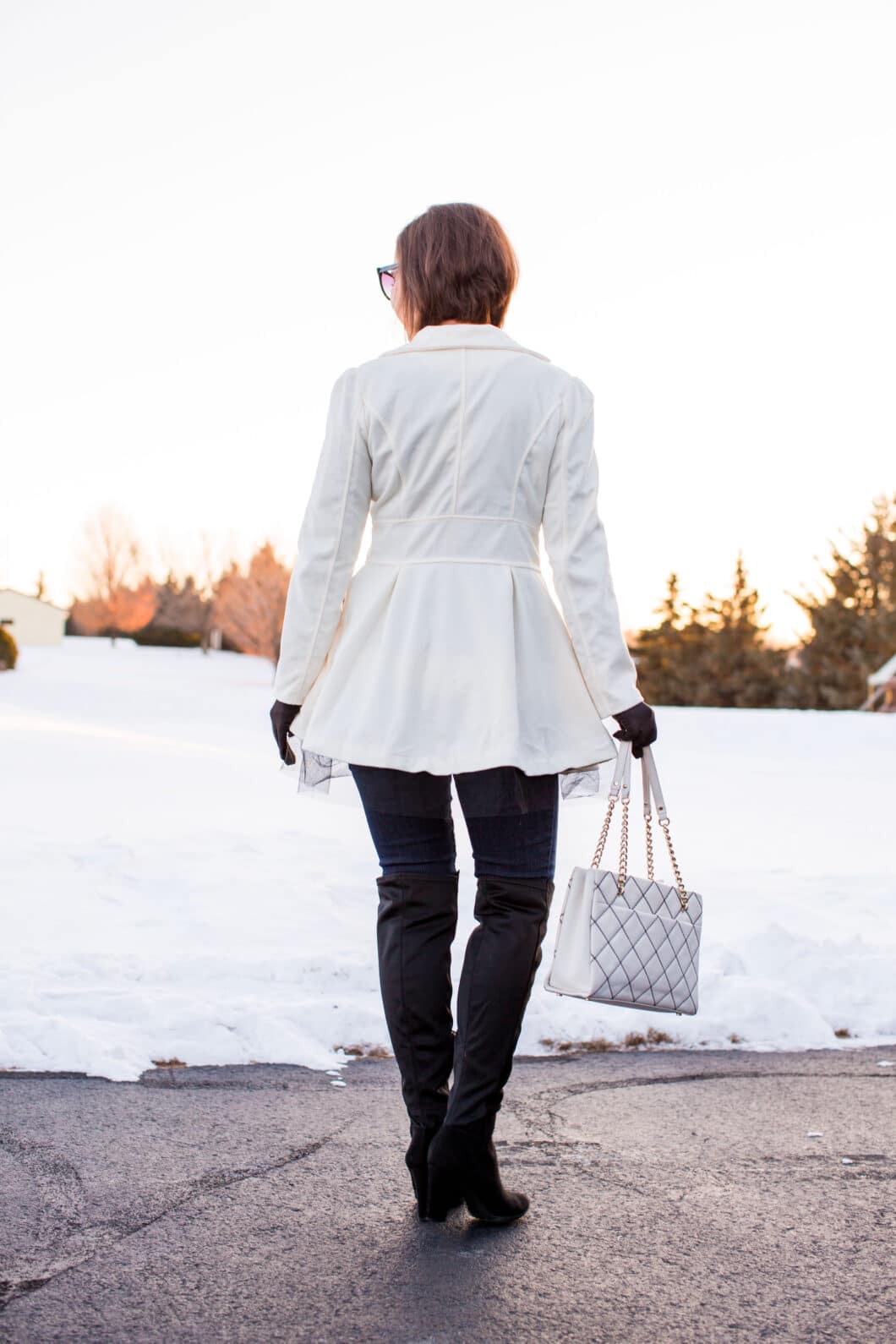 white Shawl Collar Long Sleeve Wool-Blend Coat