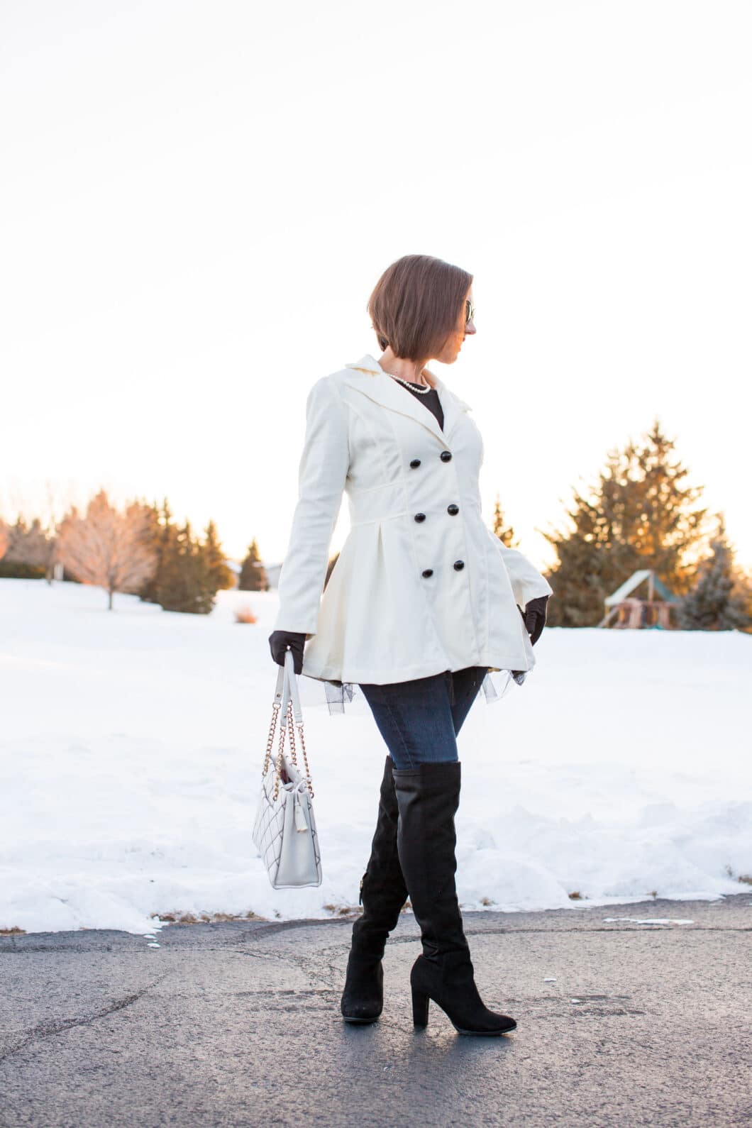 white Shawl Collar Long Sleeve Wool-Blend Coat