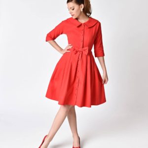 Unique_Vintage_1950s_Style_Red_Button_Up_Sleeved_Hedren_Coatdress