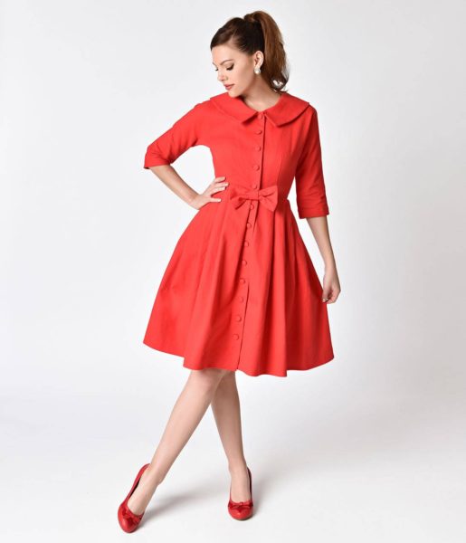 Unique_Vintage_1950s_Style_Red_Button_Up_Sleeved_Hedren_Coatdress