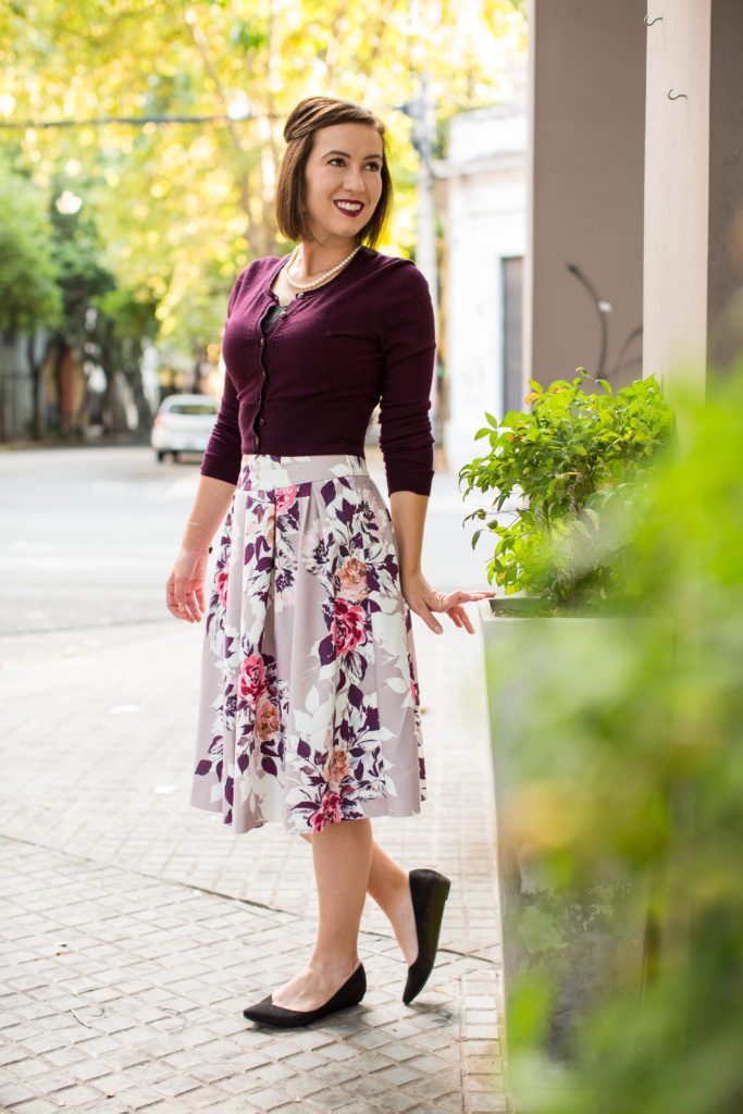 Floral midi skirt + cropped cardigan for spring