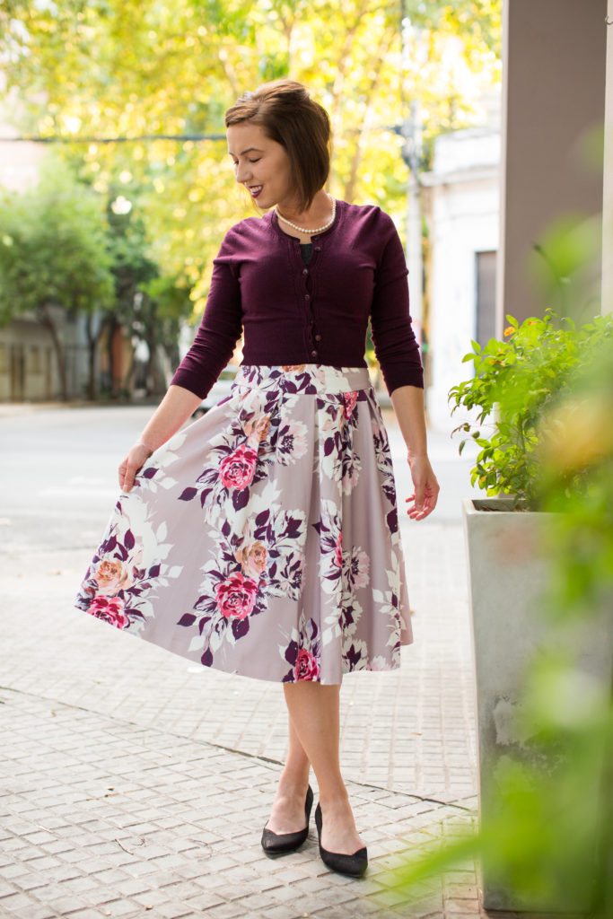 Floral midi skirt + cropped cardigan for spring
