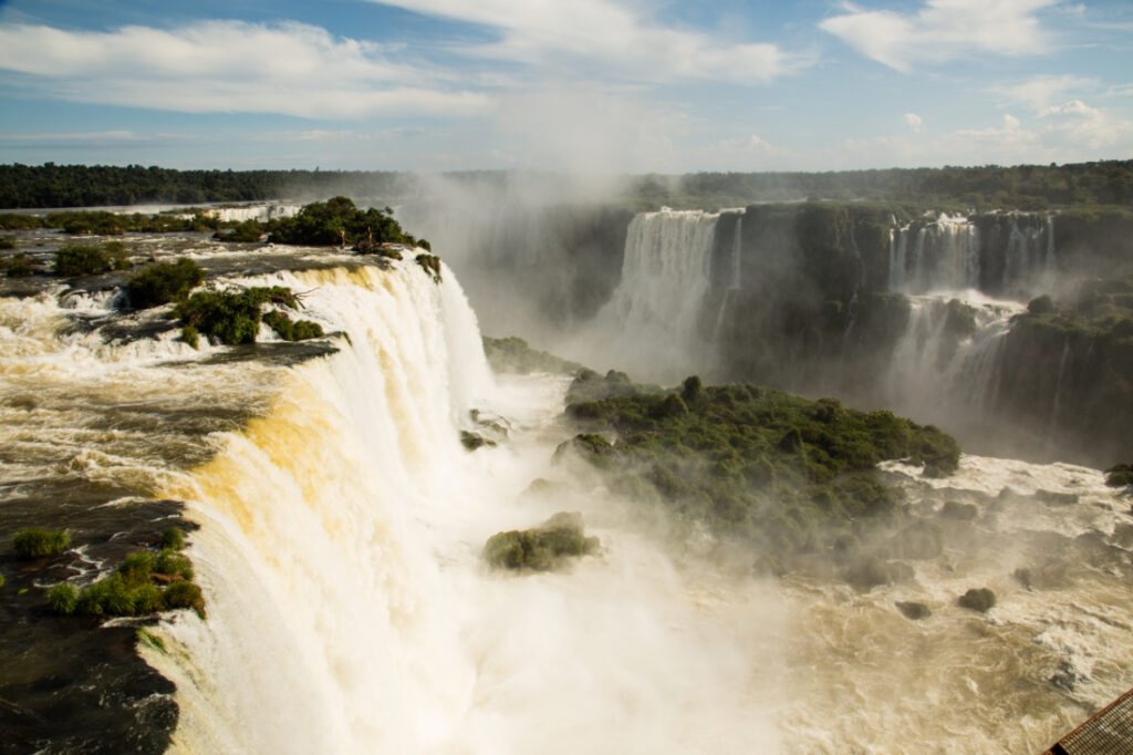 Majestic overhead view of Iguazu Falls, on the border of Argentina and Brazil.