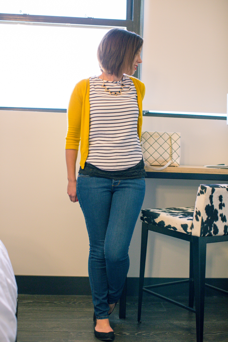 black and white outfit with yellow cardigan