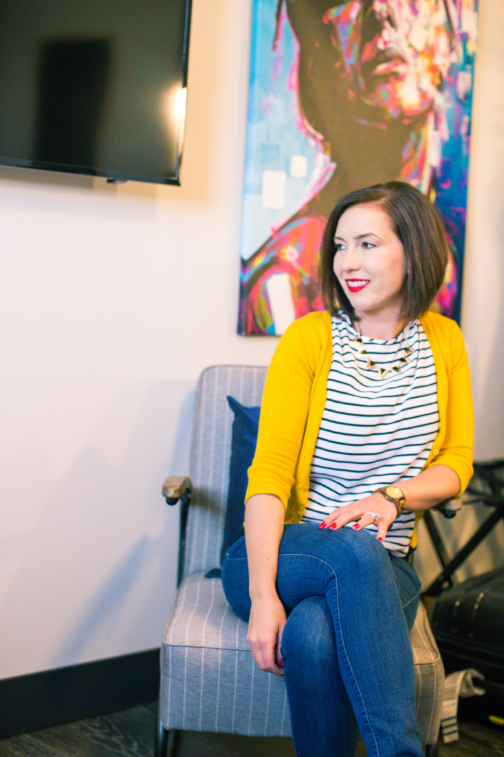 black and white outfit with yellow cardigan