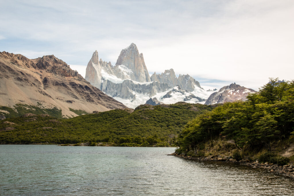 A lake with Mount Fitz Roy in the background in Argentina.