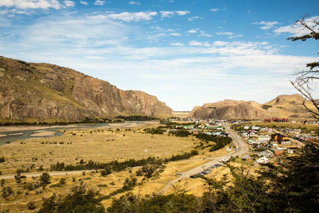 El Chaltén, the trekking capital of Argentina, is nestled in a small town in a valley with majestic mountains as its scenic backdrop.