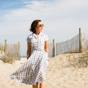 Unique Vintage 1950s Style Light Blue & White Gingham Alexis Short Sleeve Swing Dress