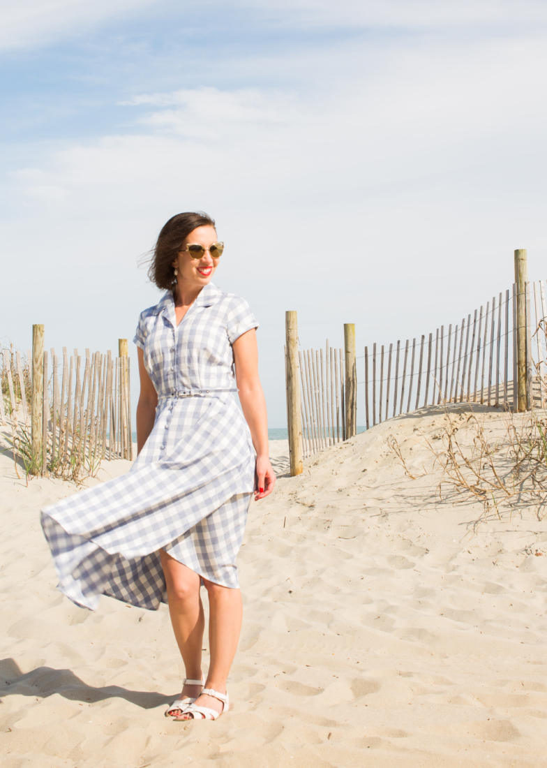 Unique Vintage 1950s Style Light Blue & White Gingham Alexis Short Sleeve Swing Dress