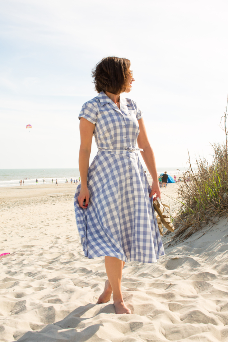 Unique Vintage 1950s Style Light Blue & White Gingham Alexis Short Sleeve Swing Dress