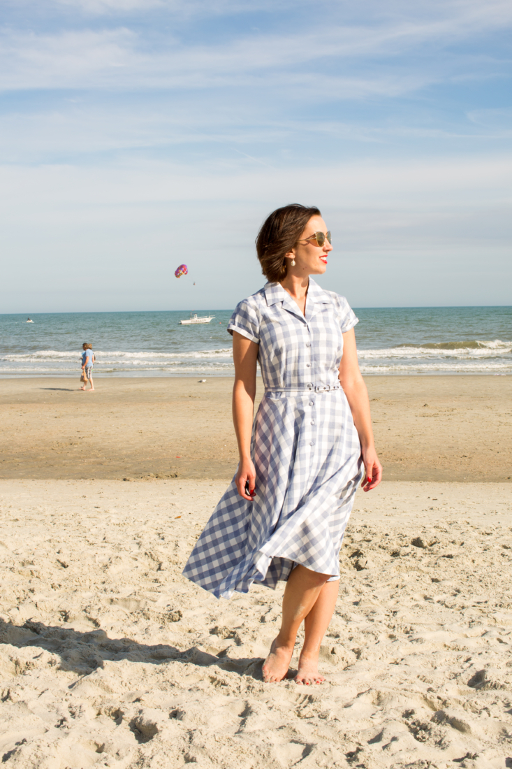 Unique Vintage 1950s Style Light Blue & White Gingham Alexis Short Sleeve Swing Dress