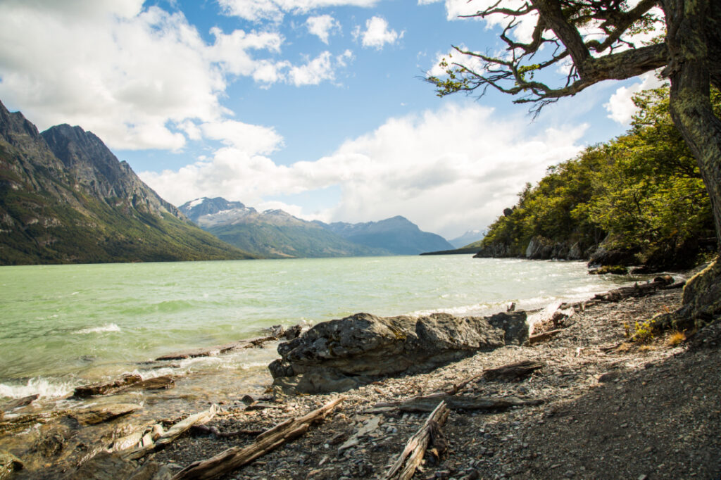 A serene view of a lake bordered by majestic mountains and lush trees in Tierra del Fuego National Park