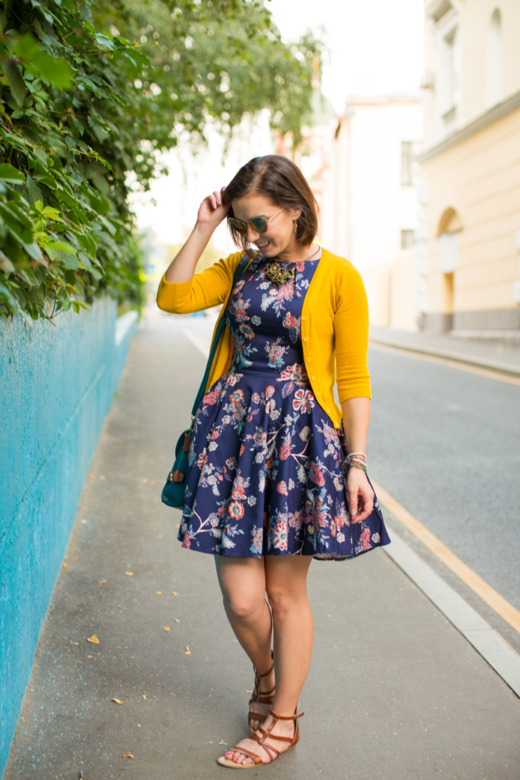 Floral dress + yellow cardigan