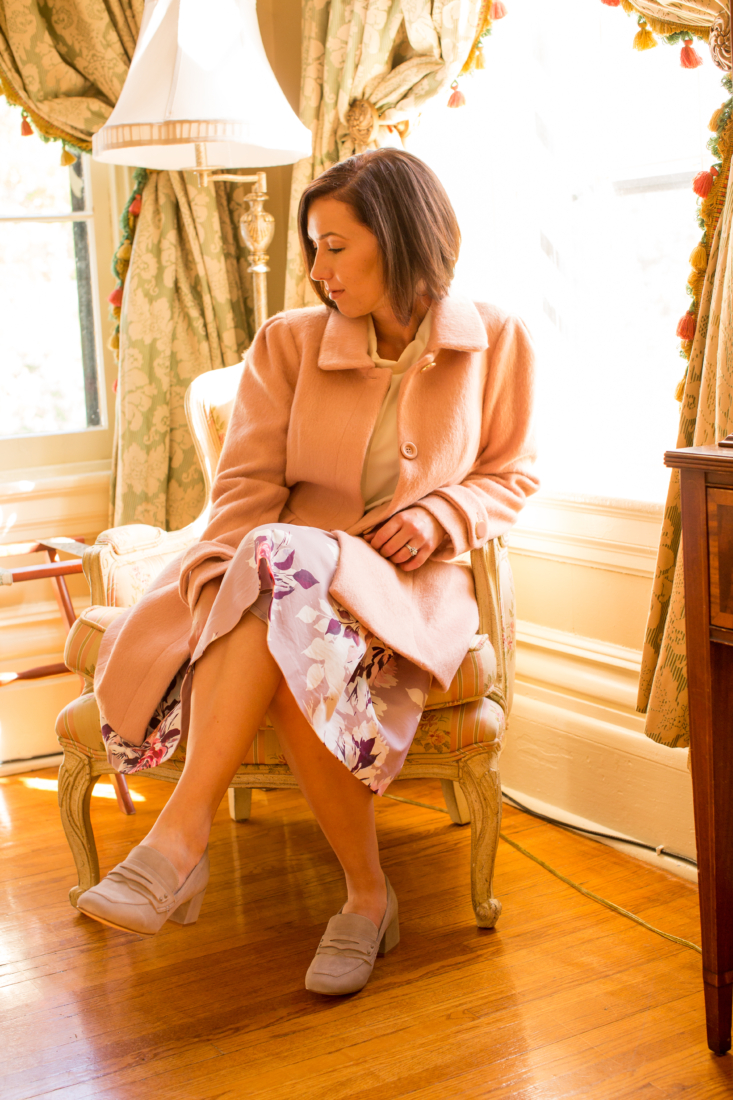 Wearing Pink in Fall - ModCloth coat, floral skirt, suede loafers