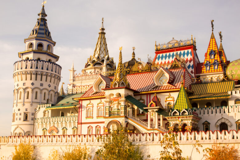 An ornate Russian building, located at Izmailovsky Market in Moscow, Russia.