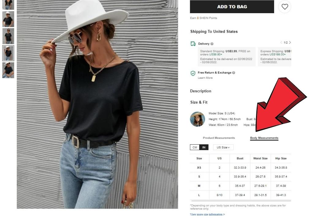 Shein shopping tips - where to find the measurements on an item