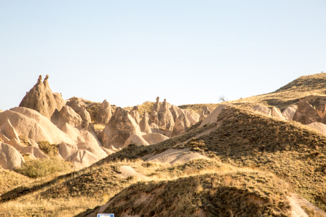 A wide angle view of fairy chimneys in Cappadocia.