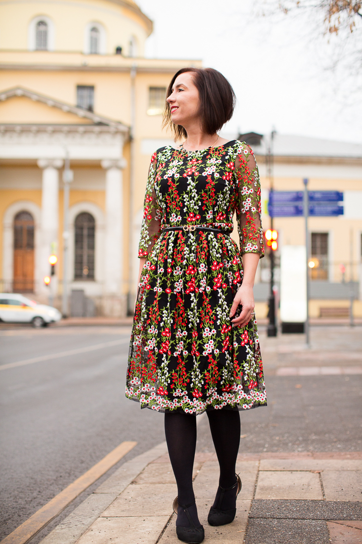 wearing a floral dress for the holidays