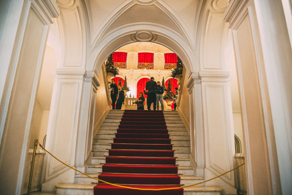 Inside the original entrance to Catherine Palace in Russia, looking up the grand staircase.