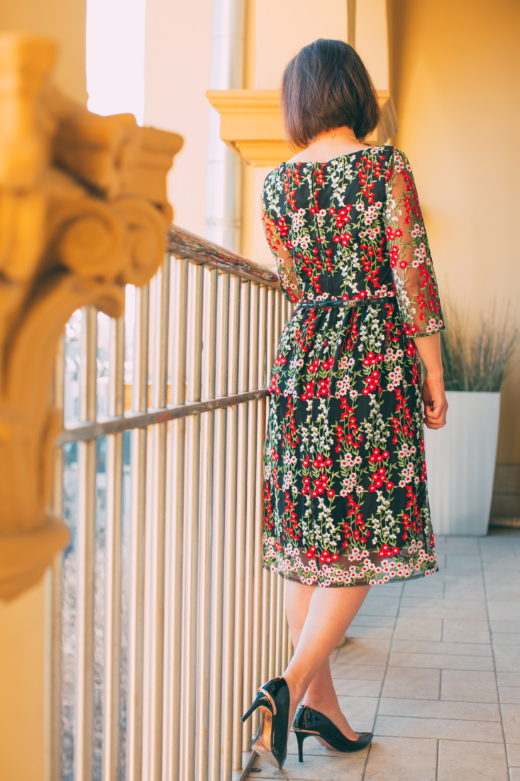 A woman poses with her back to the camera, modeling a knee-length black dress with all-over red and white floral embroidery. The dress has elbow-length sheer sleeves.